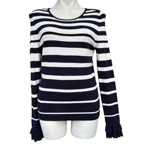 White House Black Market Navy White Stripe Ruffle Cuff Sweater Medium